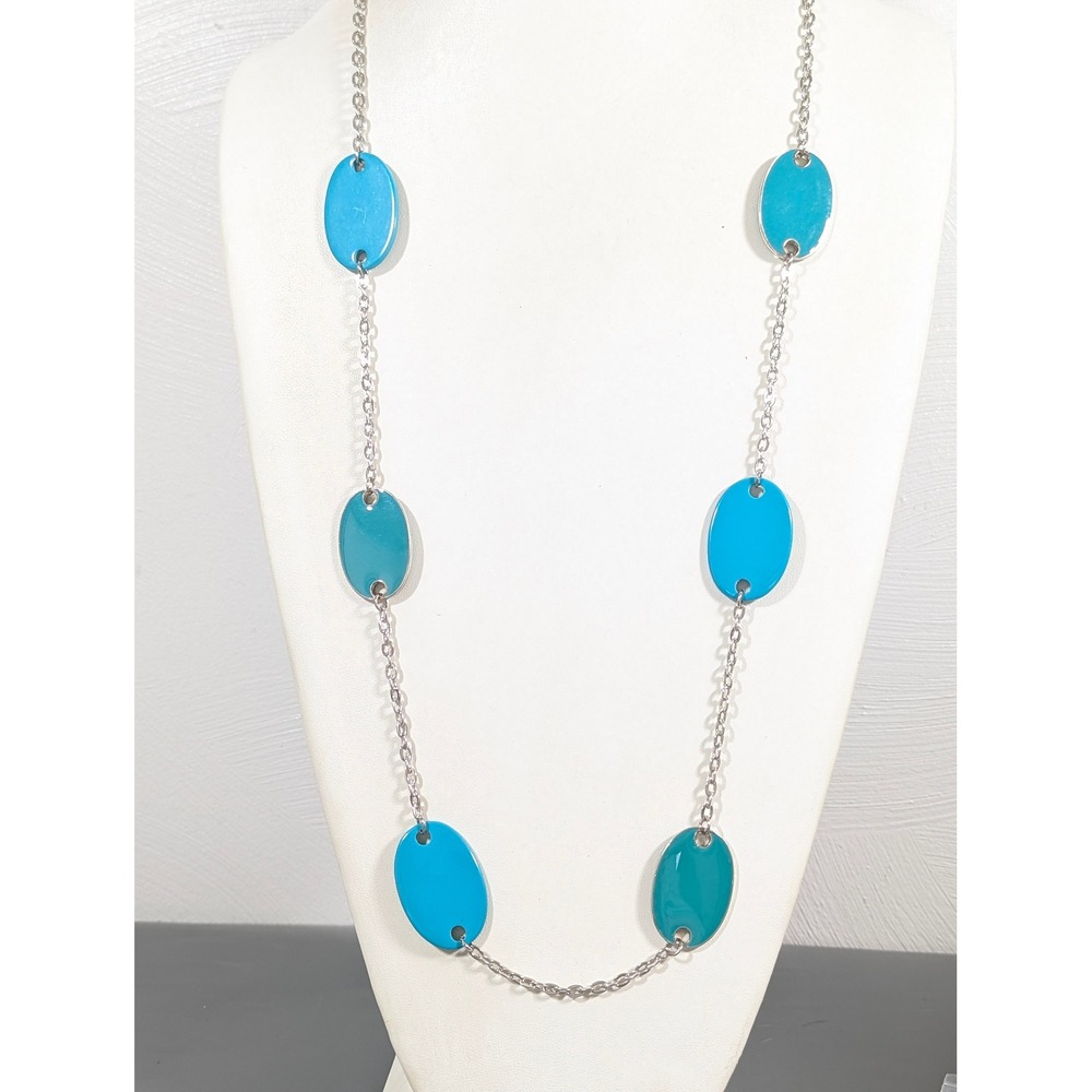 Studio S Teal Enamel Oval Necklace 36" Silver‎ Tone Statement Mod
